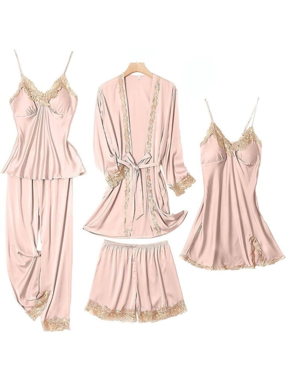 Silk Pajama Set for Women - 5PCS Lace Shorts & Lightweight Satin Robes